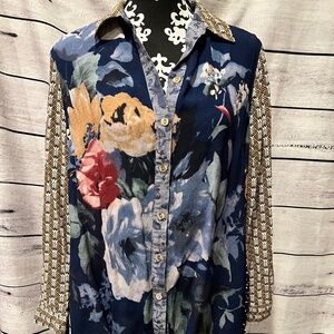 John Mark Long Sleeve Button Down Shirt Floral Front Navy Polka Dot Back